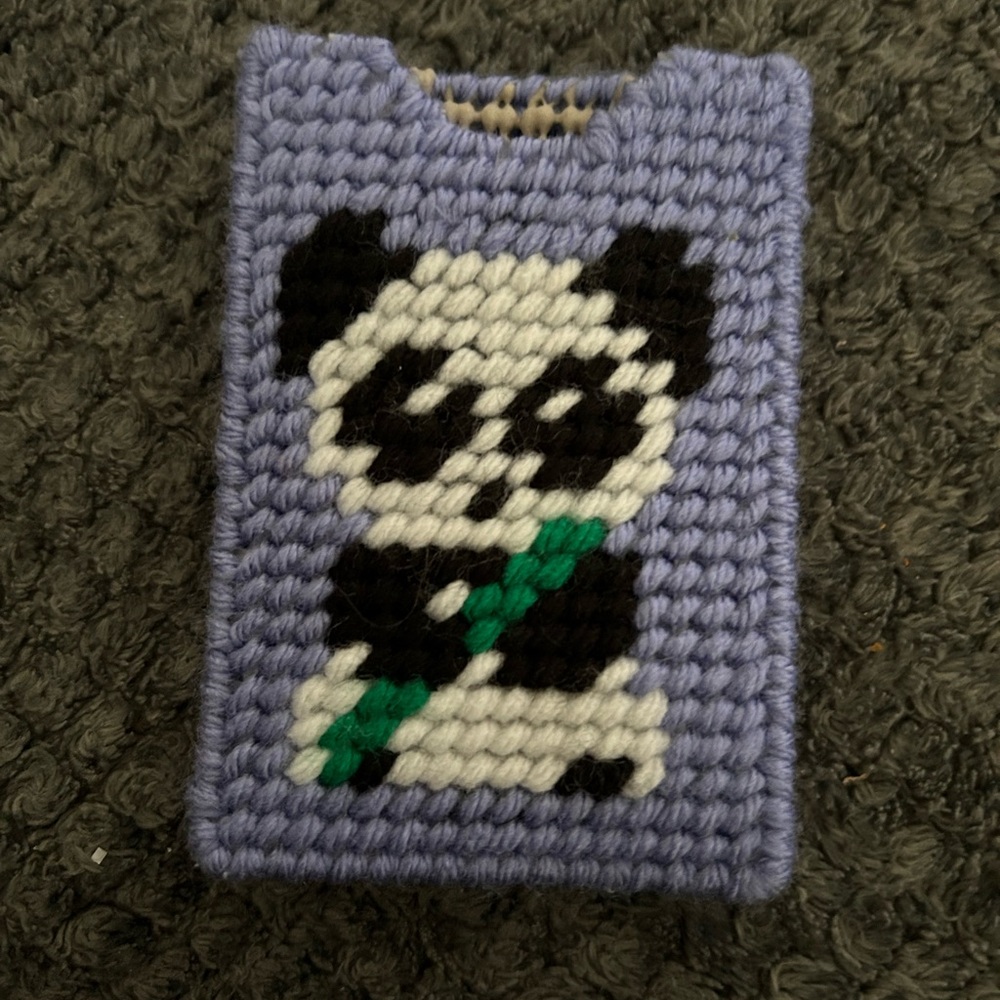 Handcrafted Knit Panda card holder in Lavender and White